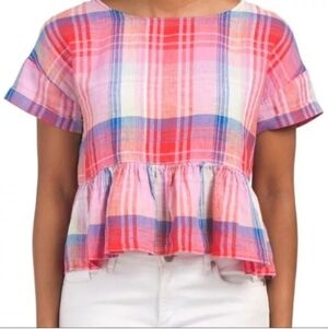 C&C California Short Sleeve Plaid Print Peplum Linen Top- size L